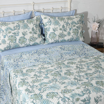Reversible Jacobean Windflower quilt set by Whites of London NZ featuring floral patterns on soft cotton percale fabric.