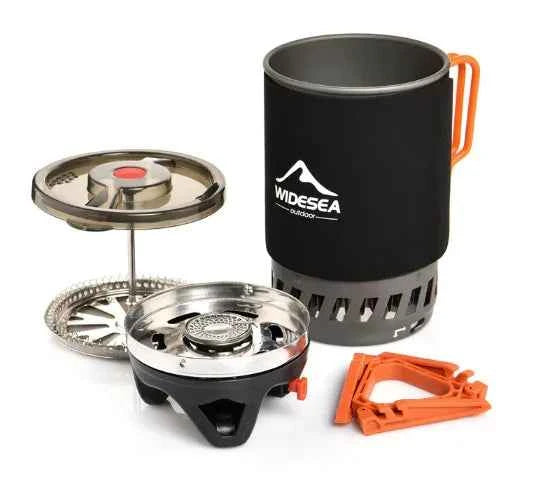 Portable Camping Coffee Maker Set - 0.9L French Press with Integrated Gas Stove System