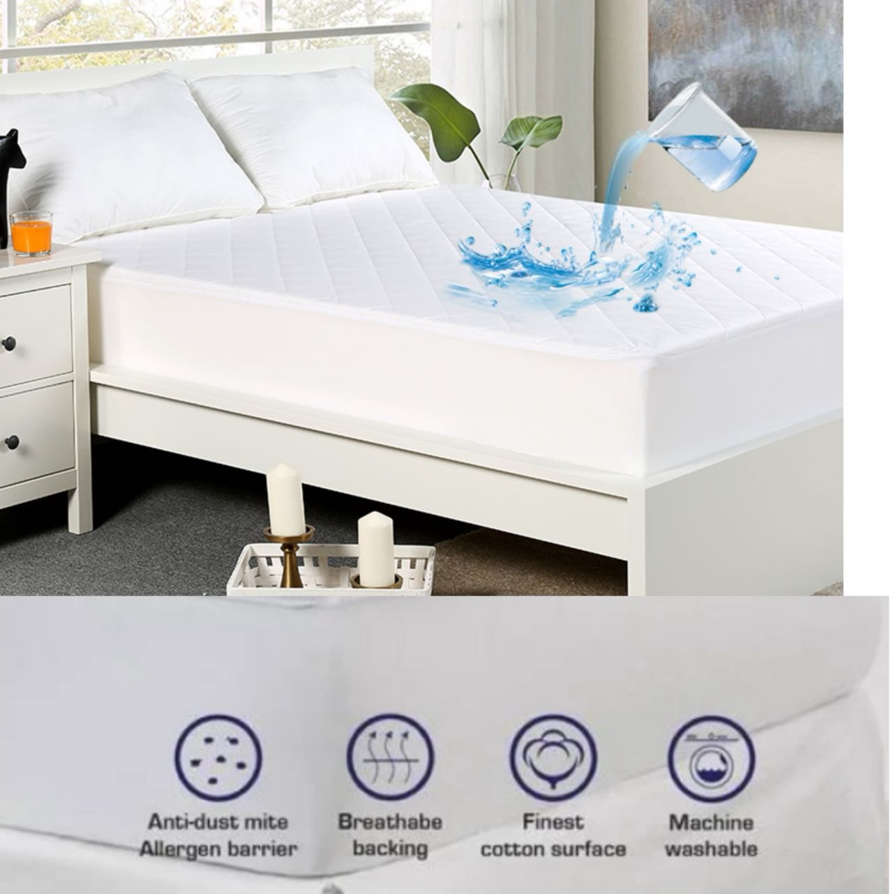 Sue-e Furniture Lux Shield cotton waterproof mattress protector in single size, showing soft cotton fabric and waterproof layer.