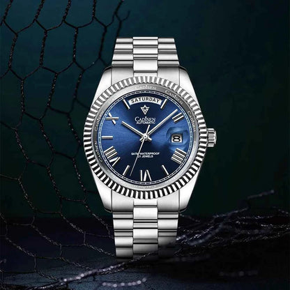 Men's Mechanical Glass Watch - Waterproof Stainless Steel with Date Display | Classic Timepiece