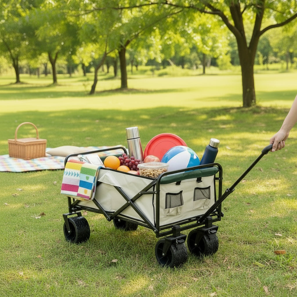 Foldable Outdoor Trolley Picnic Camping Cart 360° Rotating Wheels - Beige&Green dealonline.co.nz