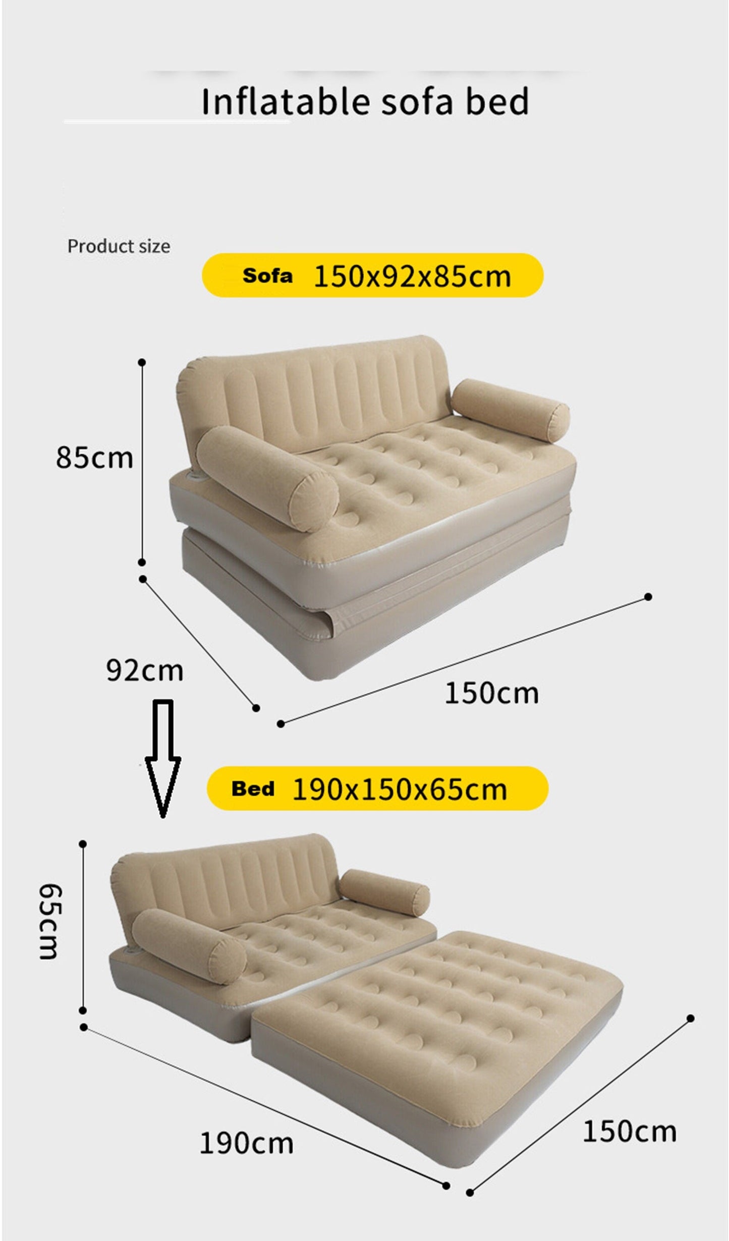 2-in-1 Inflatable Sofa Bed – Double Air Couch with High Backrest and Built-in Pump ECOTREK