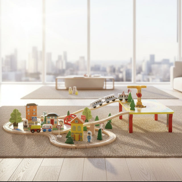 Wooden railway track toy set with manual control cars, 78 pieces for early educational play, by dealonlinenz.
