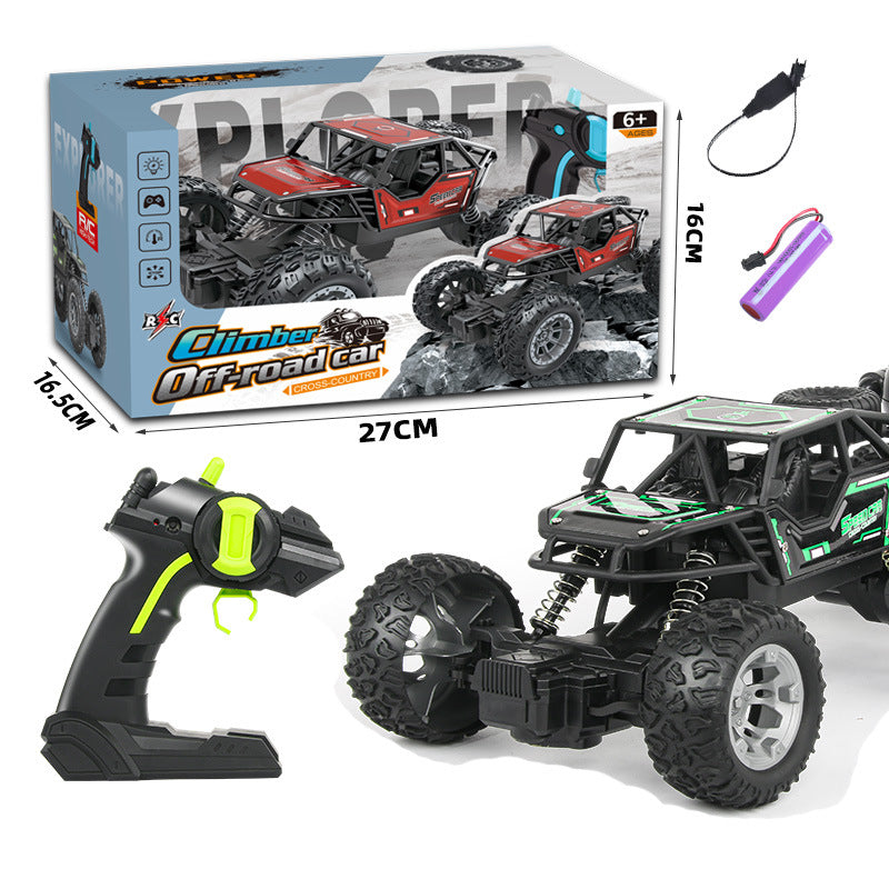 Green off-road RC climbing car with rechargeable battery, featuring rugged tires and compact design for outdoor adventure.