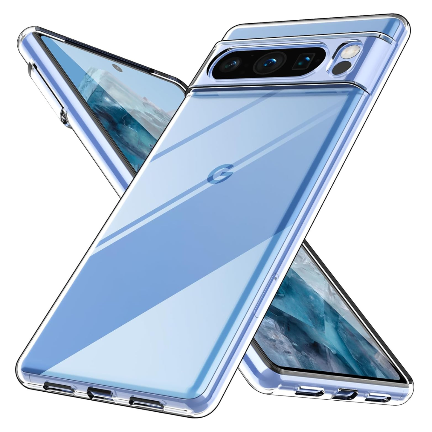 Clear silicone case for Google Pixel 8 Pro with screen protector by 9eight5, showing the transparent protective cover on the phone.