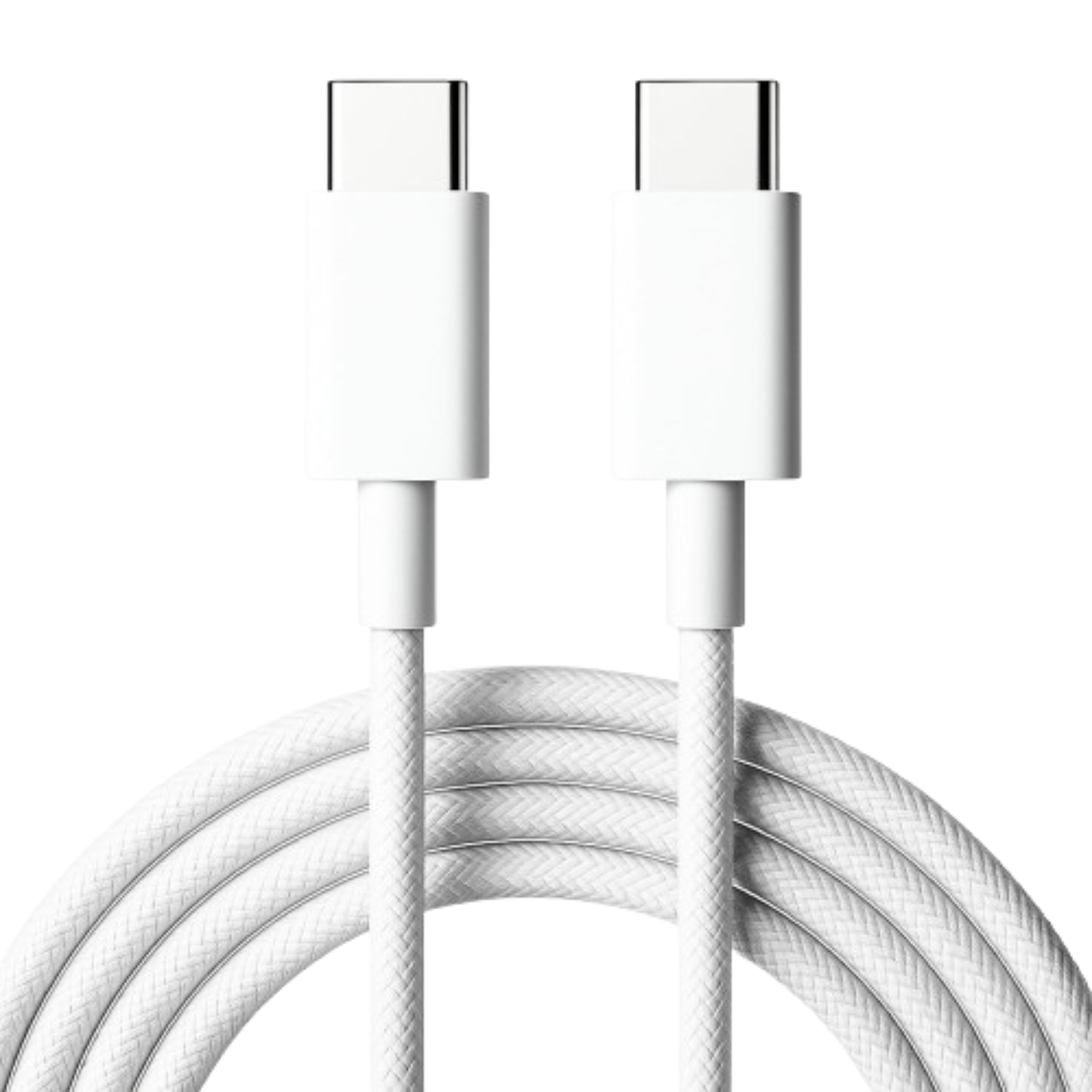 White 1m USB-C to USB-C charger cable for OnePlus phones by 9eight5, shown coiled with USB-C connectors visible.