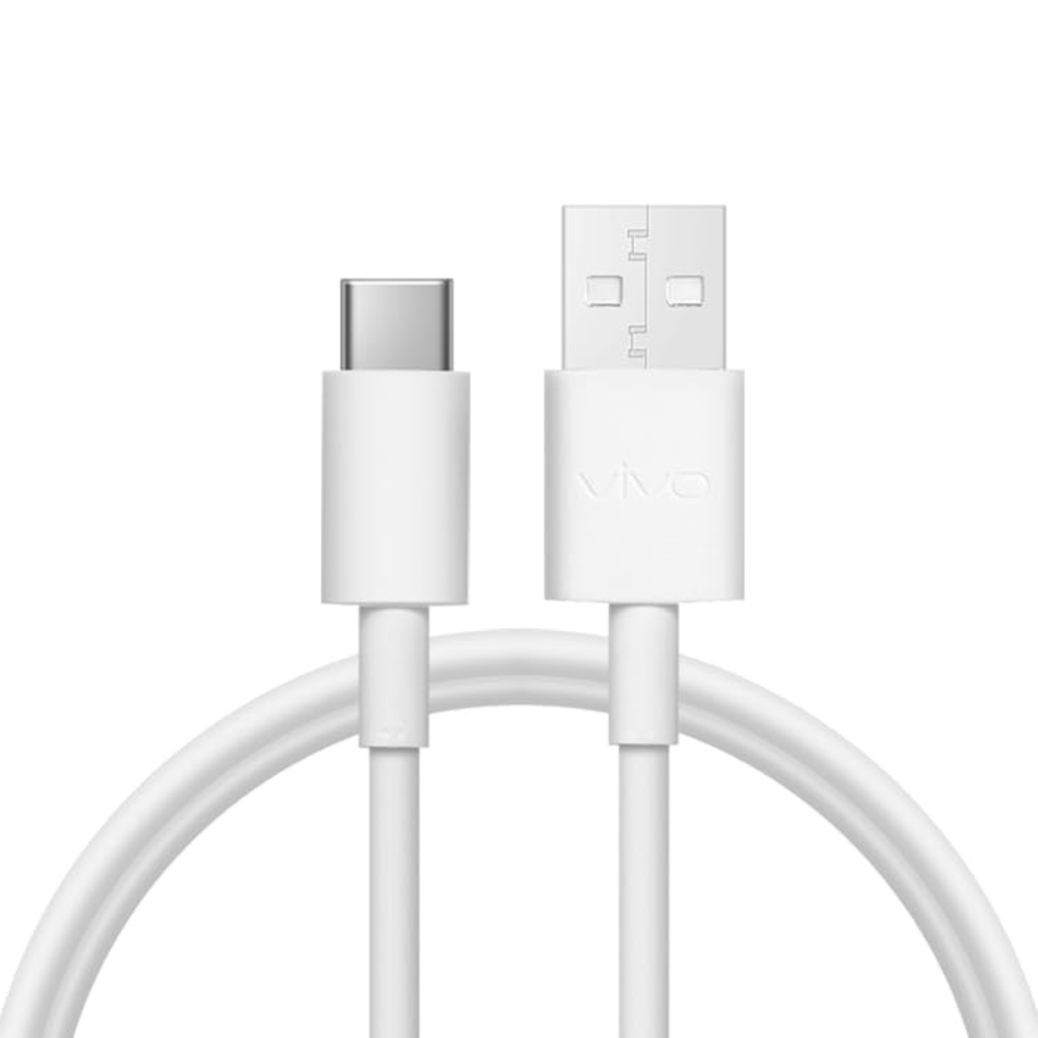 White 1m USB-A to USB-C charger cable for Vivo phones by 9eight5, showing the cable connected to a Vivo device.