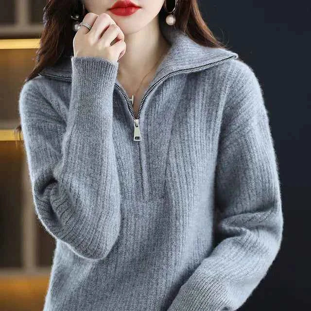 Women's 100% Merino Wool Thick Turtleneck Sweater - Zipper Front, Loose Fit | Winter Warmth