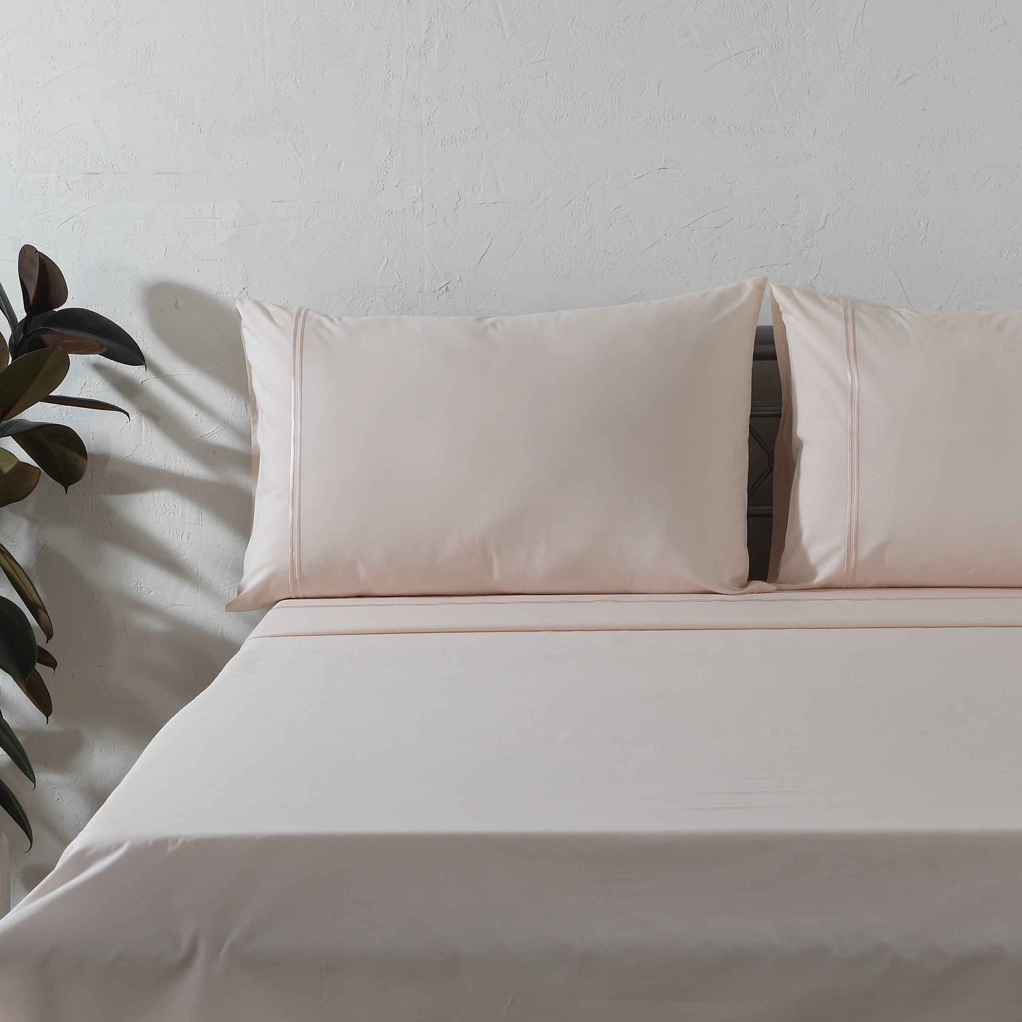 Organic cotton coloured sheet set in peach mist with 250 thread count, featuring soft, smooth bed linens from Whites of London NZ.