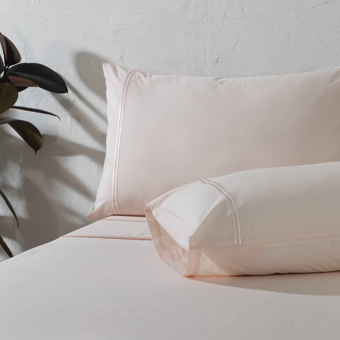 Organic cotton coloured sheet set in peach mist with 250 thread count, featuring soft, smooth bedding from Whites of London NZ.