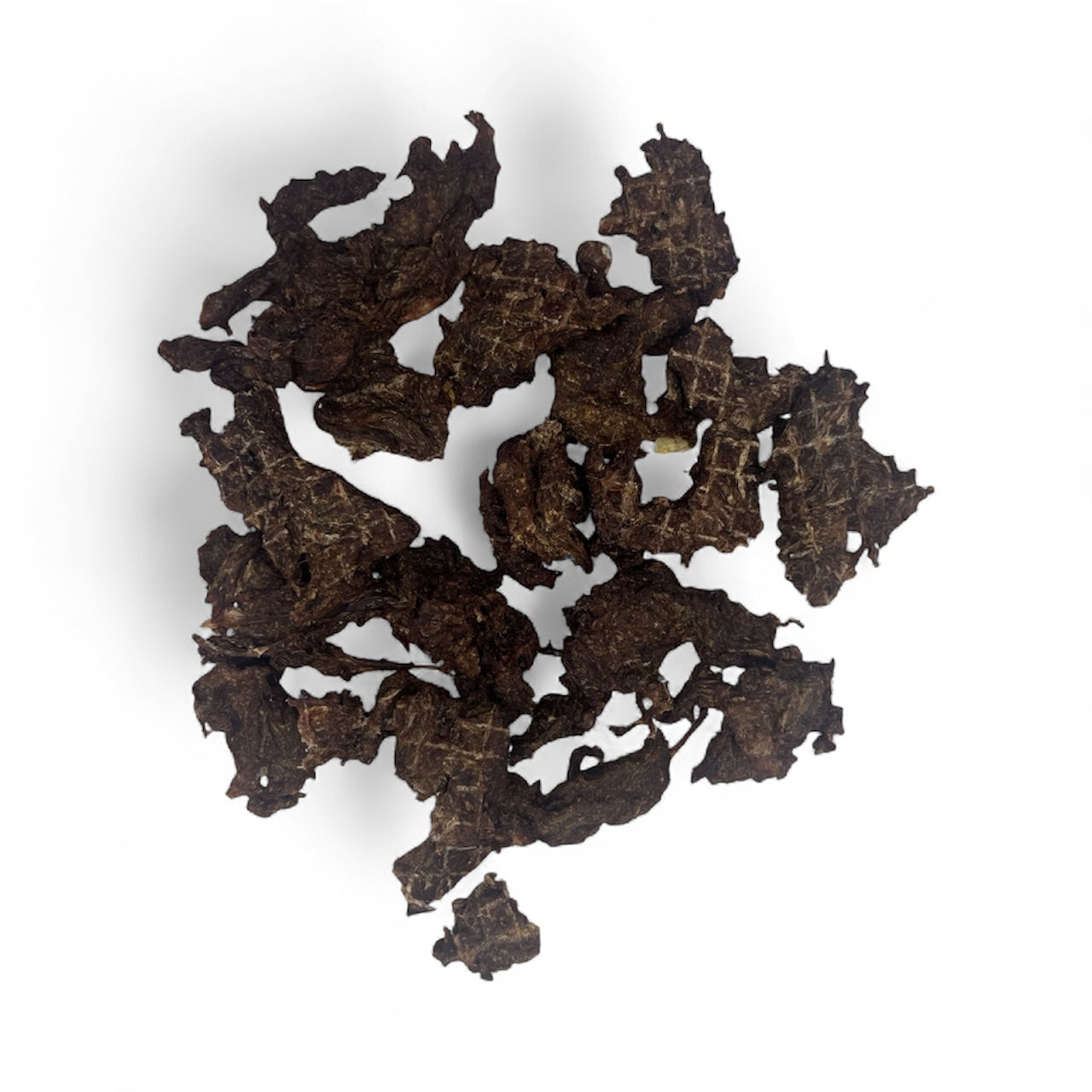 Dog Treats Venison Bites by DogTreatNZ, close-up of savory jerky-style venison treats for dogs on a white background.