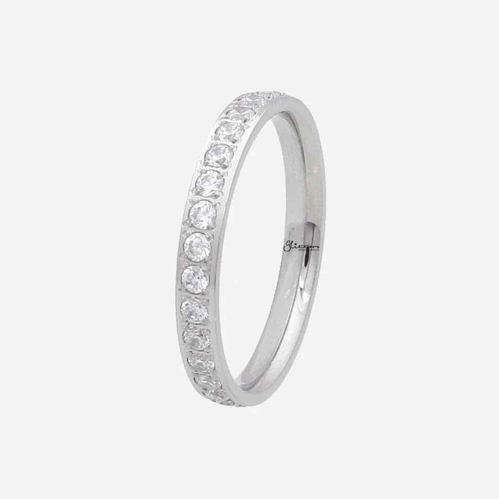 CZ Fully Inlay Stainless Steel Band Ring - Silver