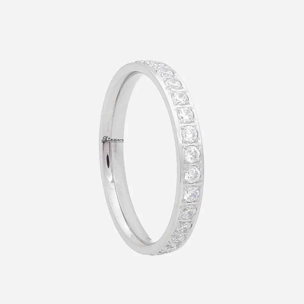CZ Fully Inlay Stainless Steel Band Ring - Silver