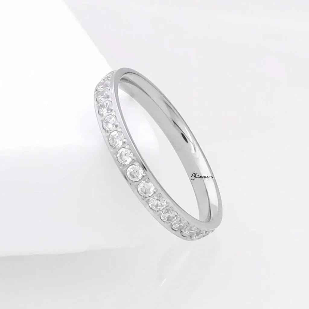 CZ Fully Inlay Stainless Steel Band Ring - Silver