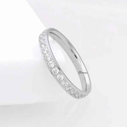 CZ Fully Inlay Stainless Steel Band Ring - Silver