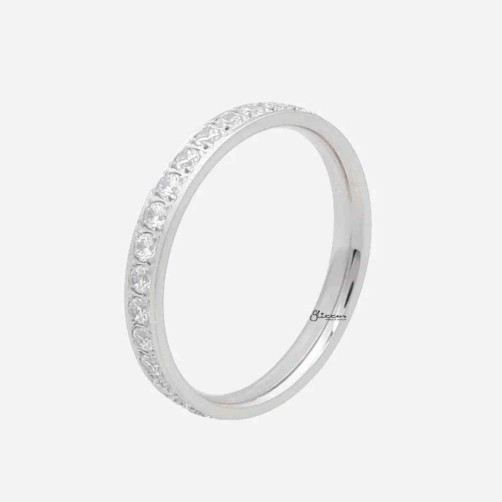 CZ Fully Inlay Stainless Steel Band Ring - Silver