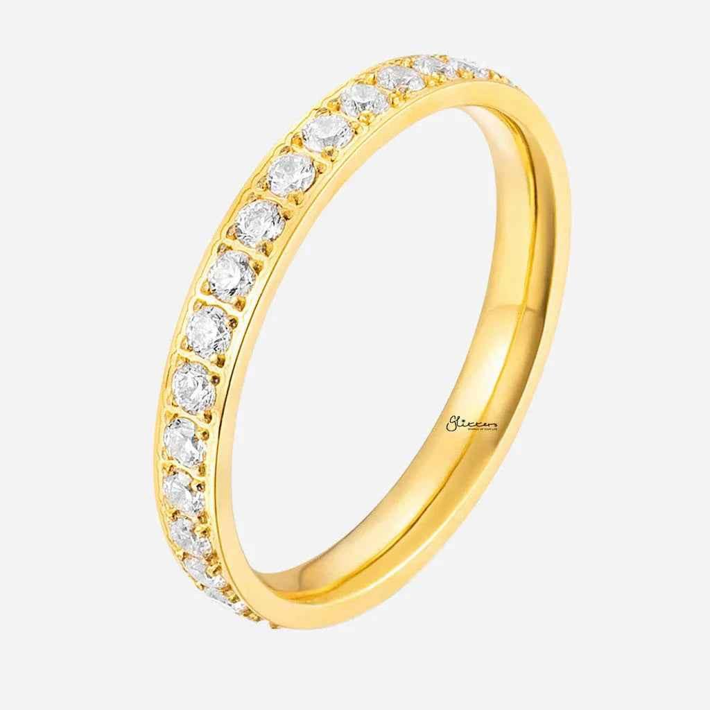CZ Fully Inlay Stainless Steel Band Ring - Gold