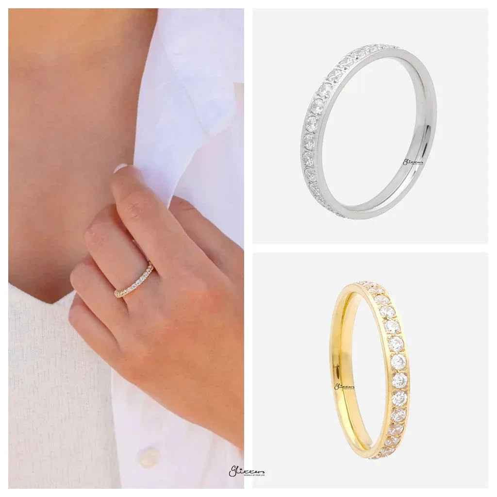 CZ Fully Inlay Stainless Steel Band Ring - Gold
