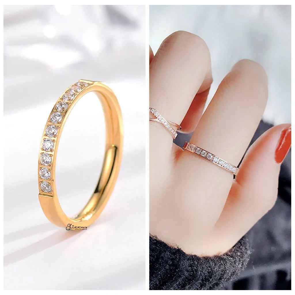 Stainless Steel 10 CZs Inlay Band Ring - Gold