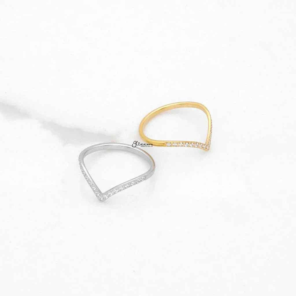 Stainless Steel V Shape CZ Paved Ring - Silver