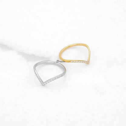 Stainless Steel V Shape CZ Paved Ring - Gold