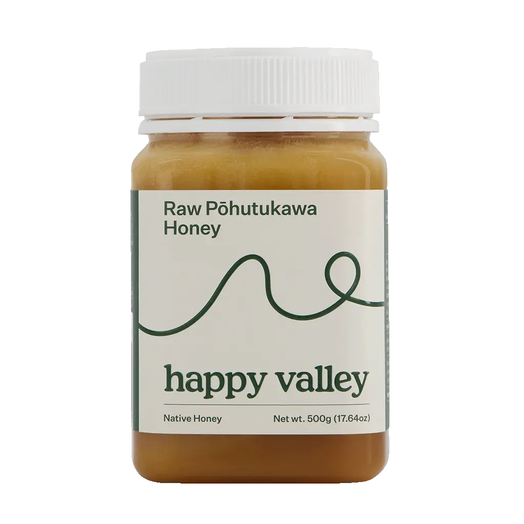 Raw Pohutukawa native honey from Happy Valley Honey, showcasing a jar of gourmet and raw honey with a natural golden color.