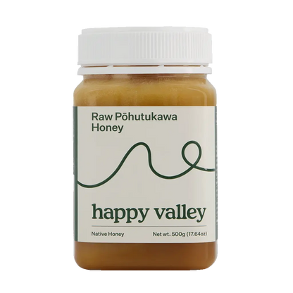 Raw Pohutukawa native honey from Happy Valley Honey, showcasing a jar of gourmet and raw honey with a natural golden color.