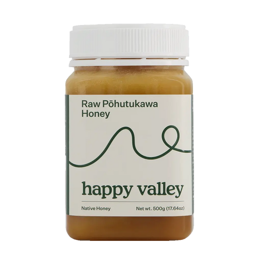 Raw Pohutukawa native honey from Happy Valley Honey, showcasing a jar of gourmet and raw honey with a natural golden color.