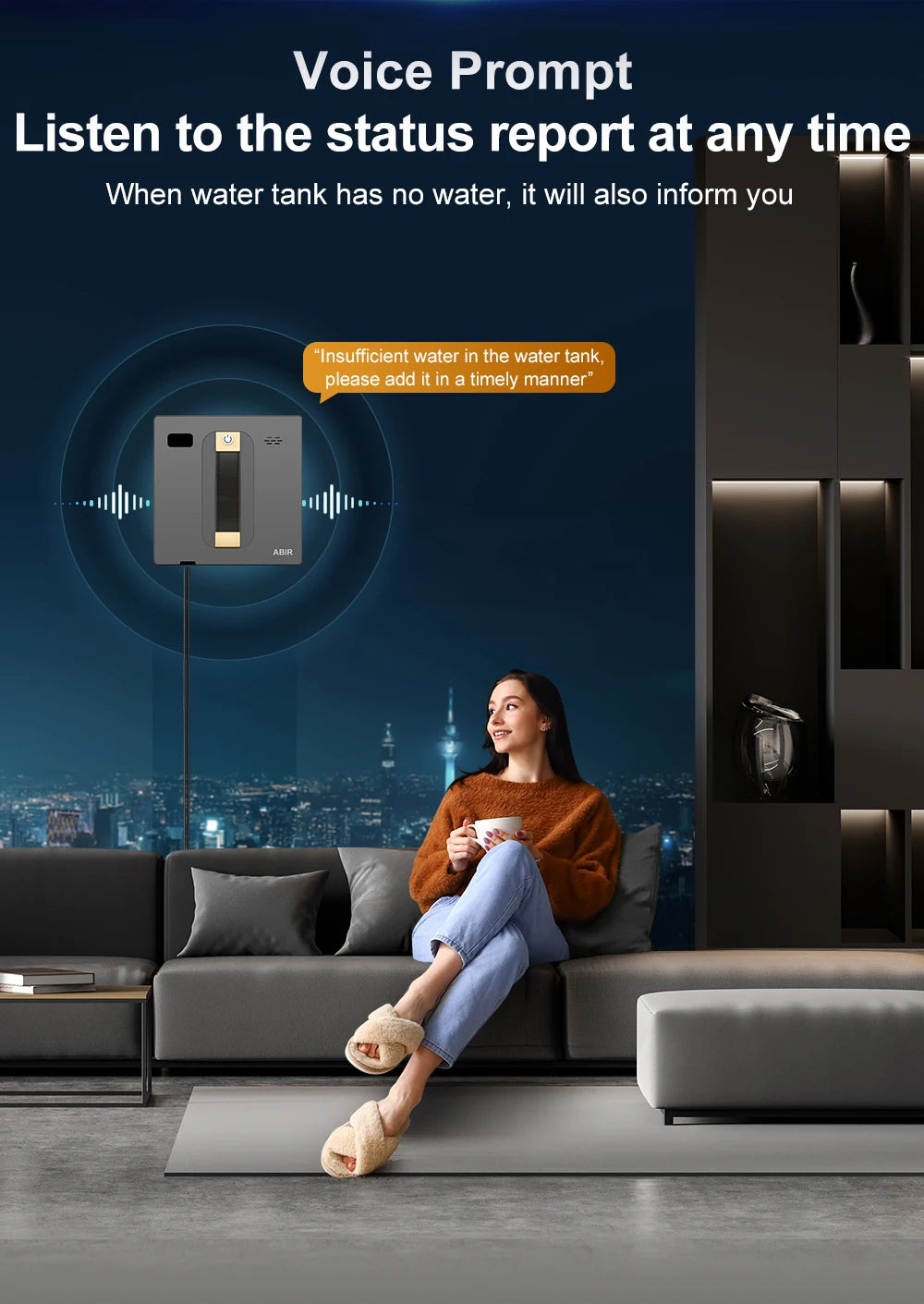 ABIR WD8 Robot Window Cleaner in action on a glass window, showcasing its sleek design and cleaning capabilities.