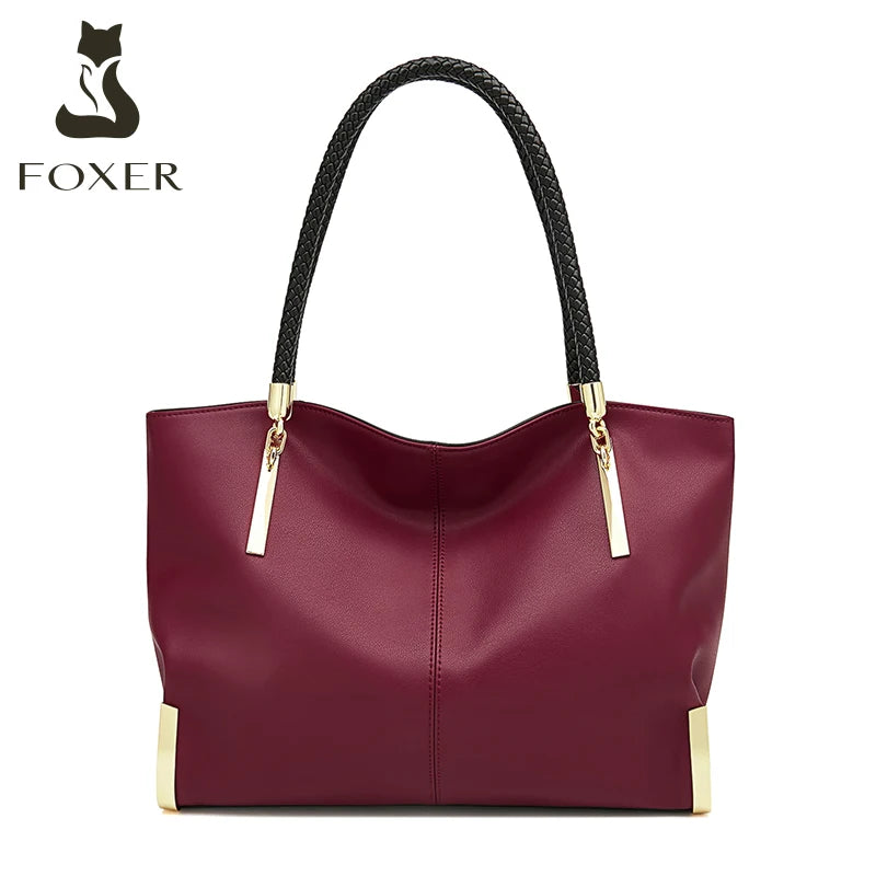 FOXER Genuine Leather Lady's Handbag Elegant Luxury Design Women Shoulder Bag Large Capacity Tote Bag Best Gift for Mom,Wife