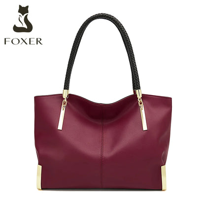 FOXER Genuine Leather Lady's Handbag Elegant Luxury Design Women Shoulder Bag Large Capacity Tote Bag Best Gift for Mom,Wife