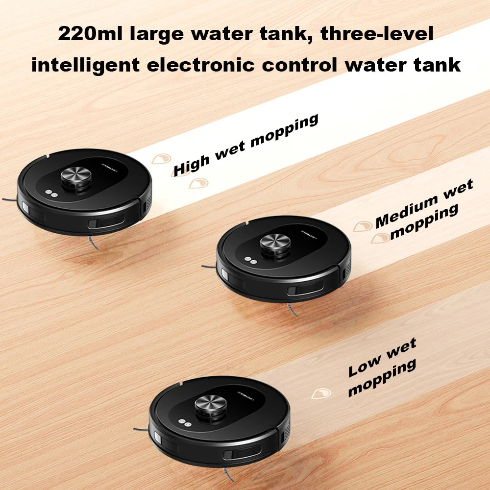 Liectroux T9 robot vacuum cleaner from ShopHub NZ, sleek black robot vacuum with sensors and cleaning brushes in action.