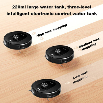 Liectroux T9 robot vacuum cleaner from ShopHub NZ, sleek black robot vacuum with sensors and cleaning brushes in action.