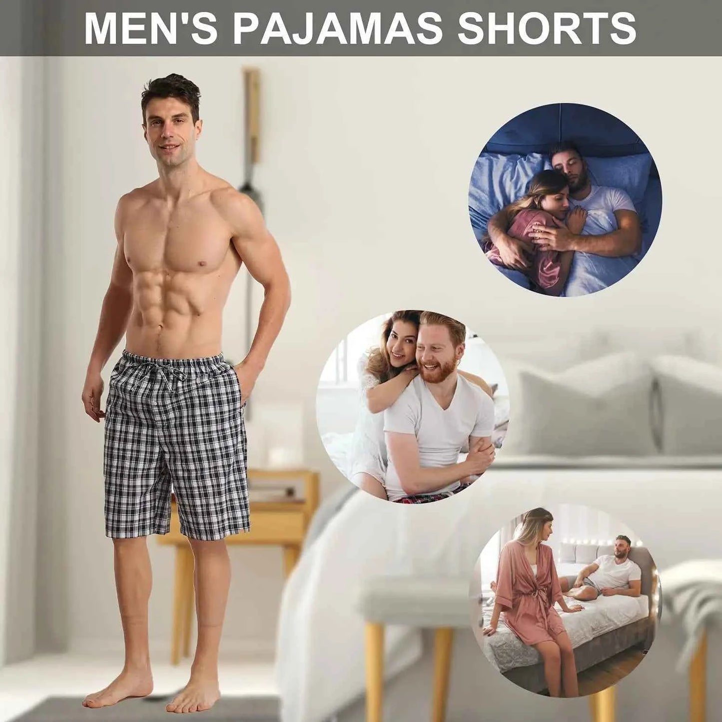 Mens Casual Pajama Shorts Summer Pajama for Men, Soft Cotton Sleep Shorts for Men Plaid Loung Short Sets with Pockets Pjs Bottom