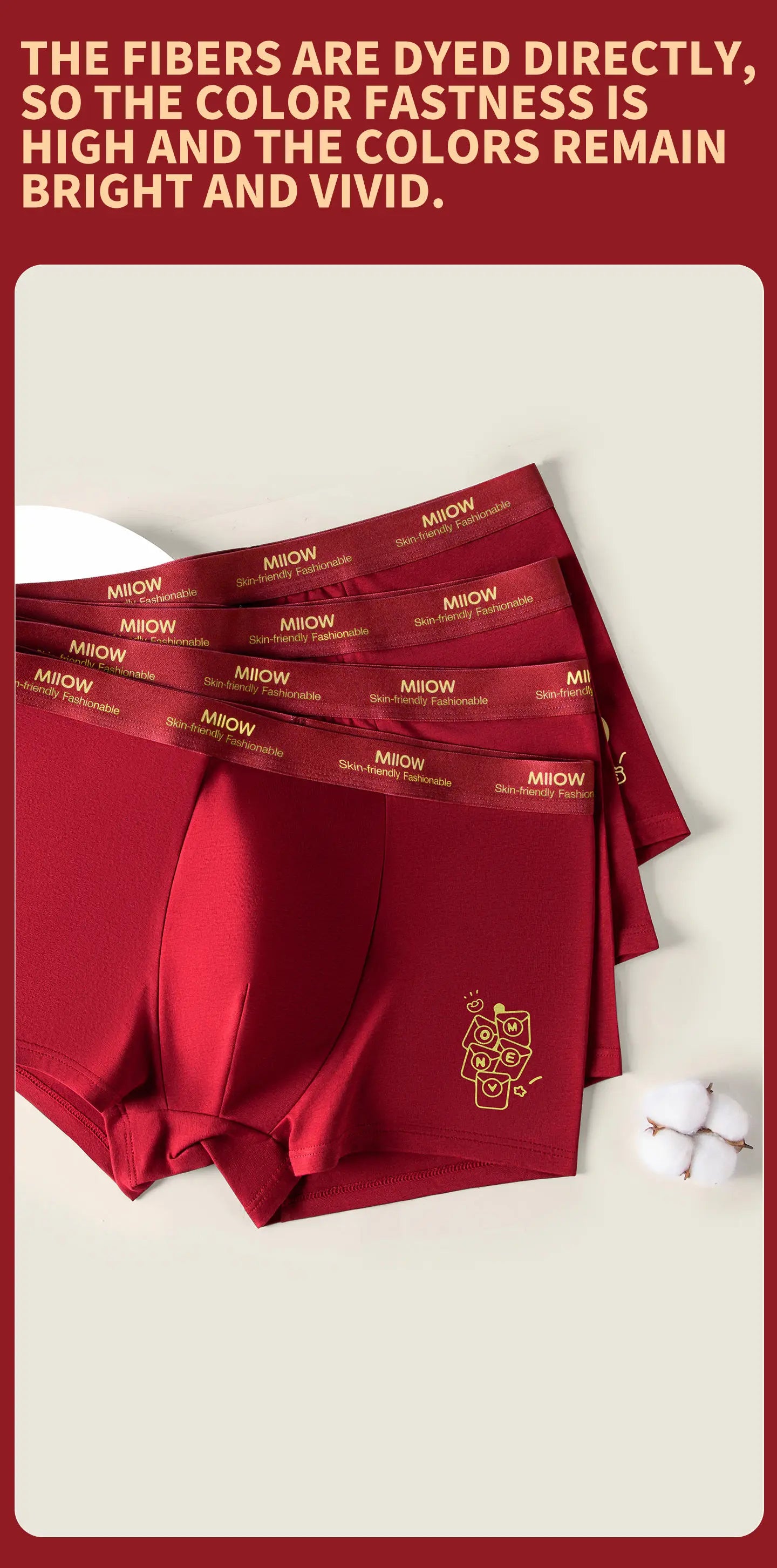 MiiOW 3Pcs Men's Antibacterial Cotton Boxers Lucky Red Breathable Underwear - ShopHub