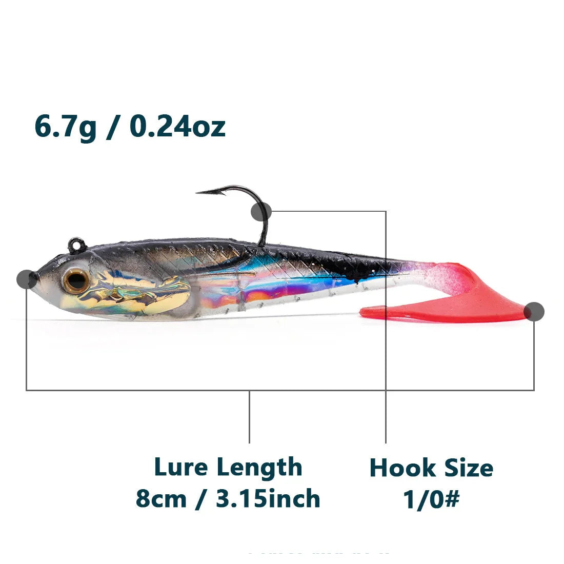 Habicare soft fishing lures with lead head jigs in various colors, designed for bass and trout fishing.