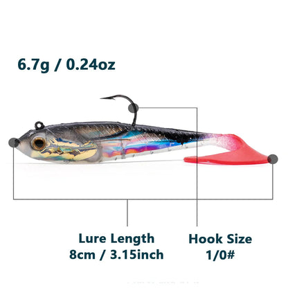 Habicare soft fishing lures with lead head jigs in various colors, designed for bass and trout fishing.
