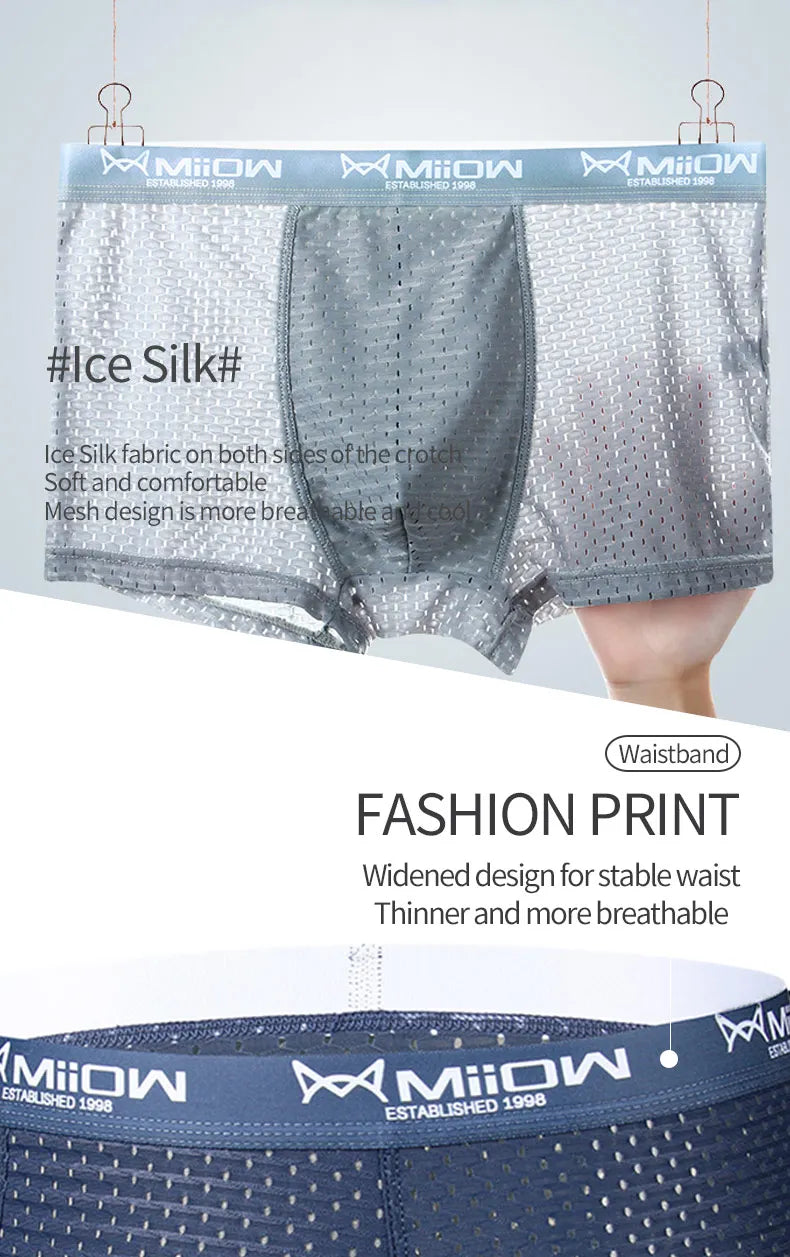 MiiOW Ice Silk Men Underwear - 3Pcs Sexy Mesh Breathable Boxer Shorts - ShopHub