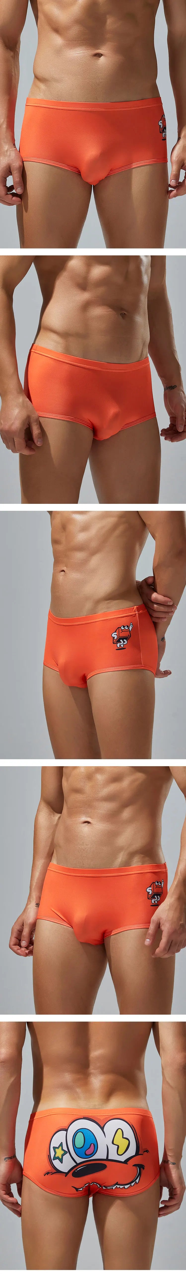 SEOBEAN Men's Low Waist Ice Silk Underwear Sexy Cartoon Pattern Half Hollow Flat Corner Briefs Youth Four Corners