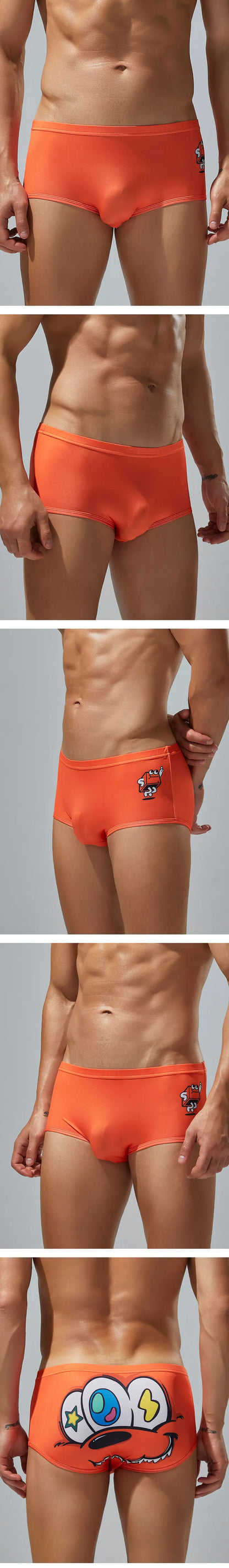SEOBEAN Men's Low Waist Ice Silk Underwear Sexy Cartoon Pattern Half Hollow Flat Corner Briefs Youth Four Corners