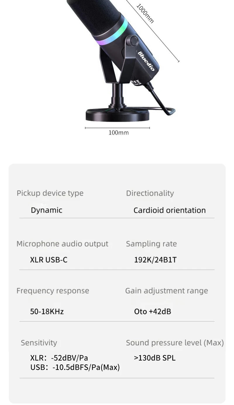 Bluedio S3000 Microphone - USB/XLR Dynamic Mic for Gaming, Streaming, and PS5/4 with Headphone Jack, RGB, and Mute Function - ShopHub