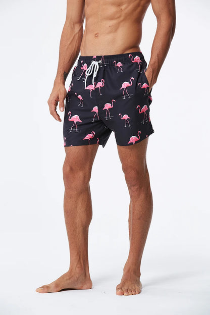 Men's lightweight polyester boardshorts with breathable mesh lining, elastic waist, side pocket, perfect for beach or gym activities.