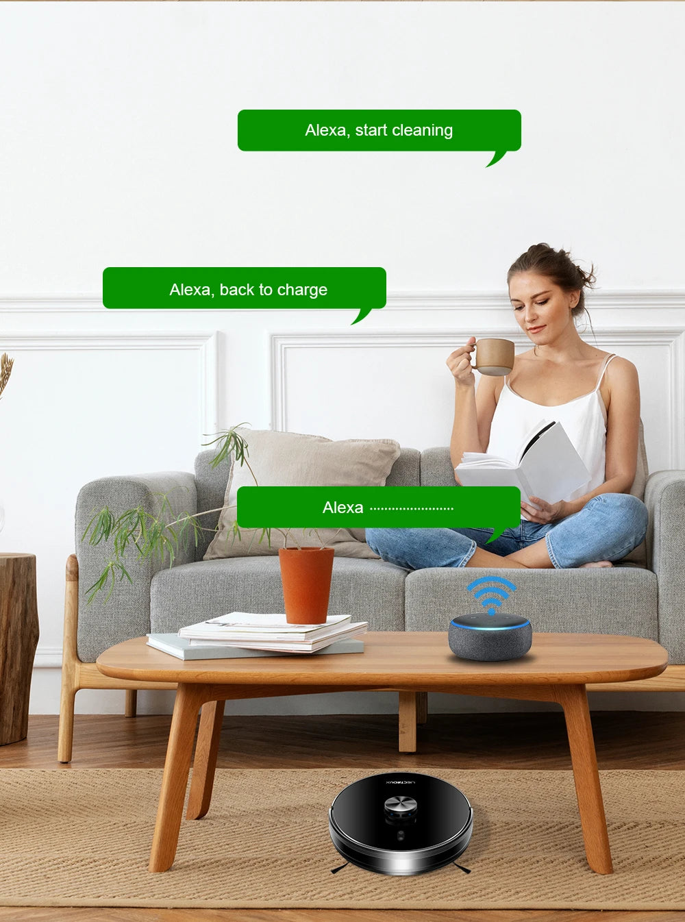 Liectroux Lilin X6 robot vacuum cleaner navigating hardwood floor with dustbin open, showcasing its sleek design and cleaning path.