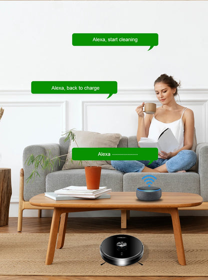 Liectroux Lilin X6 robot vacuum cleaner navigating hardwood floor with dustbin open, showcasing its sleek design and cleaning path.