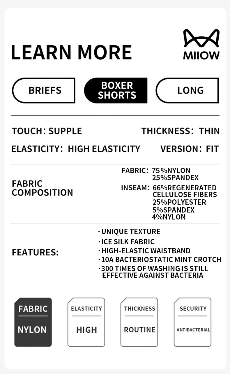 MiiOW Silky Ice Silk Men's Underwear - 3Pcs Antibacterial Seamless Breathable Boxers - ShopHub