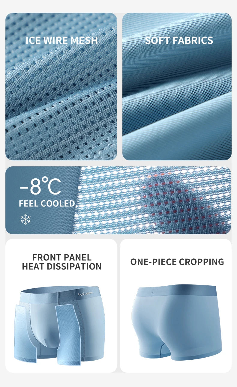 MIIOW Men's Breathable Underwear Set - Ice Silk Mesh Antibacterial Cotton Crotch Seamless Boxers - ShopHub