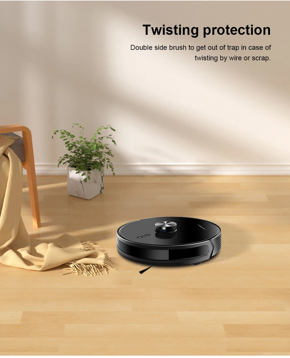 Liectroux Lilin X6 robot vacuum cleaner cleaning hardwood floor with dustbin and navigation sensors in action.