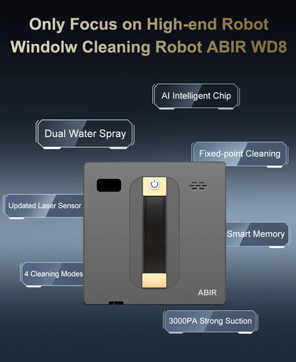 ABIR WD8 robot window cleaner from ShopHub NZ demonstrating its sleek design and cleaning pads on a large glass window.
