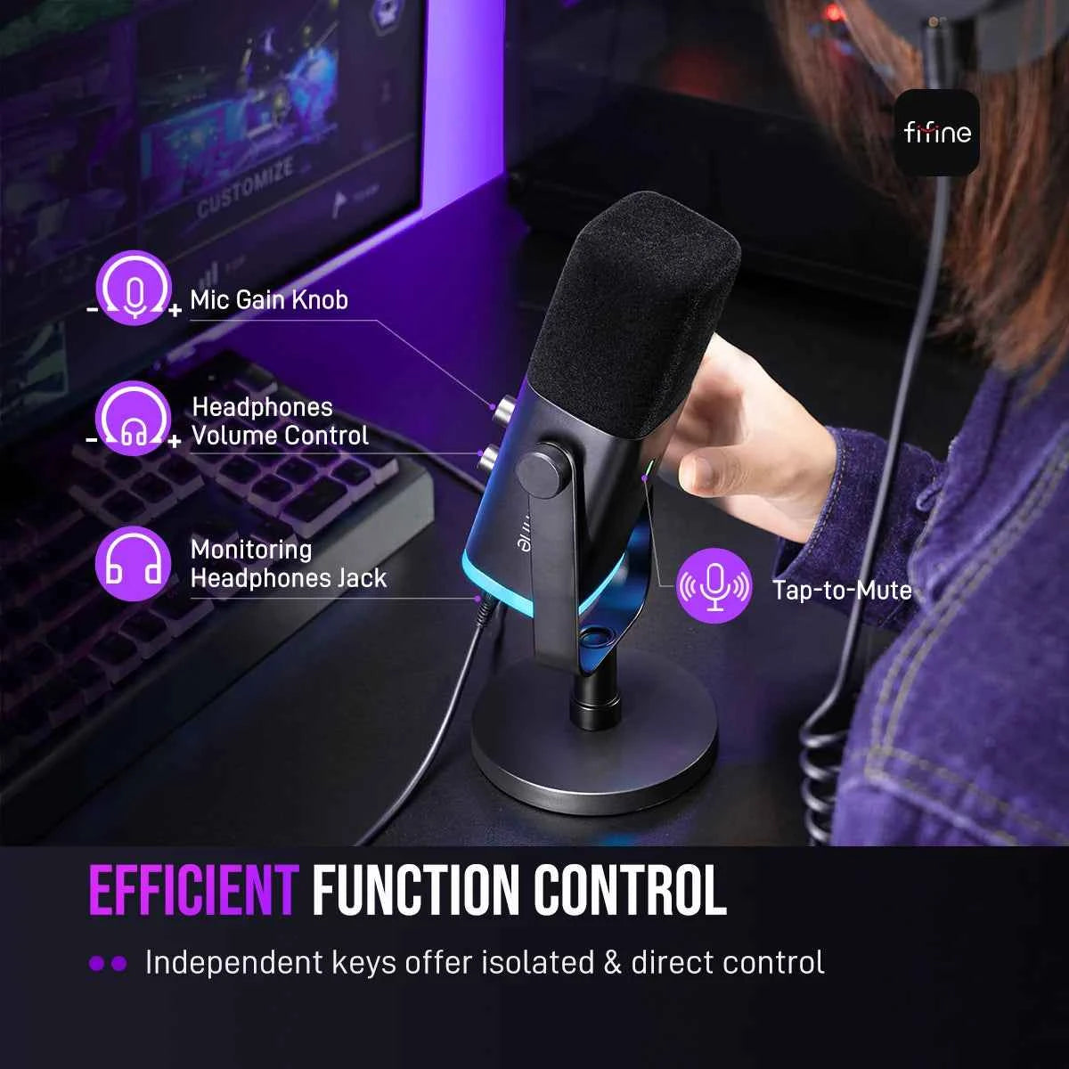 FIFINE USB/XLR Dynamic Microphone with RGB Control/Headphone jack/Mute,MIC for PC Gaming Recording Streaming AmpliGame-AM8