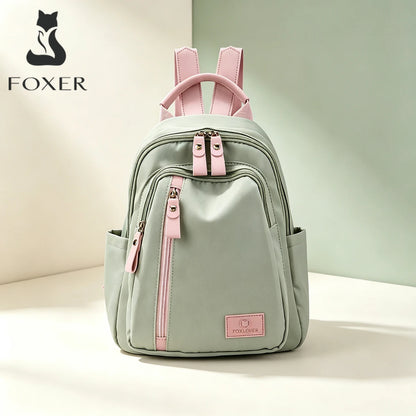 FOXER Women Fabric Backpack Lightweight Travel Shoulder Bag Ladies Multi‑pocket School Bag Casual Daily Female Rucksack